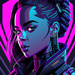 Futuristic cyberpunk digital portrait of a person with neon-lit braids, glowing metallic accessories, and vibrant sci-fi aesthetics against a contrasting neon-lit backdrop.