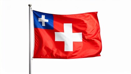 "Hybrid flag design featuring a red field with a bold white cross at center and a blue canton containing a smaller white cross—evoking themes of layered sovereignty, cultural fusion, and contested ide