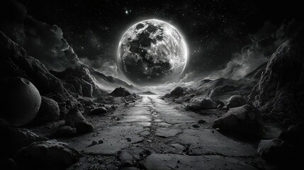 Monochromatic Path Leading to a Celestial Body Under a Starry Sky
