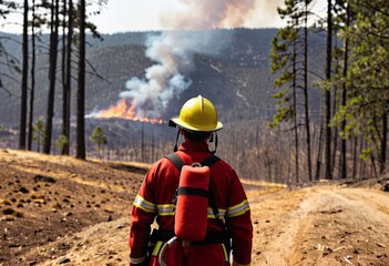 Naklejka premium Portrait of firefighters against a wildfire landscape with copy space