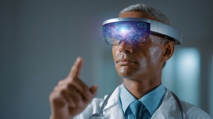 Augmented Reality in Medicine: An experienced doctor utilizes augmented reality, highlighting its transformative impact on healthcare, showcasing advanced medical technology and futuristic innovation.