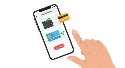 An image of digital payment on smartphone illustration.. The scene includes currency, shop, smartphone, service, screen, digital, icon, mobile, online,