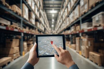 Person holding a tablet with a map for real-time order tracking and inventory control in a large distribution center