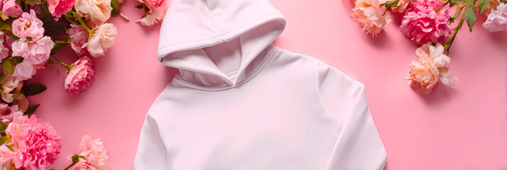 Soft pastel pink hoodie with a cozy hood displayed elegantly amidst a cascade of delicate pink and white flowers on a vibrant pink background