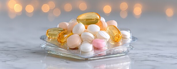 Round Tablets in Pharmaceutical Blister Pack A beautiful arrangement of colorful vitamins and supplements on a reflective surface.