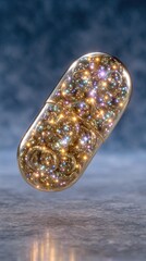 Round Tablets in Pharmaceutical Blister Pack A glowing capsule filled with sparkling particles floating in the air.