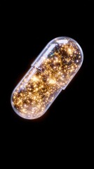 Round Tablets in Pharmaceutical Blister Pack A sparkling capsule filled with luminous particles against a dark background.