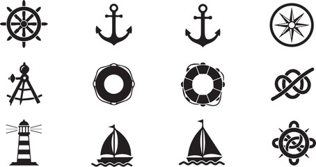 Nautical Icons Set With Ship Wheel Anchor Lighthouse Compass And Knot maritime ocean