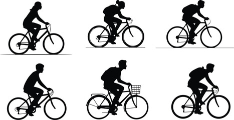 Obraz premium collection of cyclists riding bicycles in silhouette isolated on white background