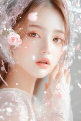 Elegant CG Woman with Sparkling Makeup and Rose Petals.