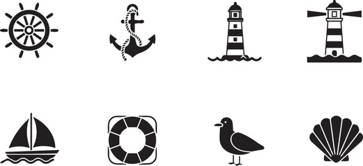 Nautical Icons Set with Ship Wheel Anchor Lighthouse Sailboat and Seashell maritime ocean