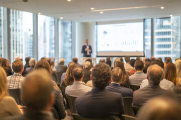 Obraz premium A large audience of professionals attending a business conference, listening to a speaker's keynote presentation on a screen.