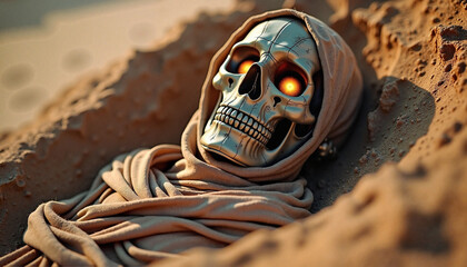 Metallic skull eerie with glowing orange eyes representing mystery