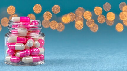 Round Tablets in Pharmaceutical Blister Pack Colorful capsules in a jar with a vibrant background and bokeh effect.