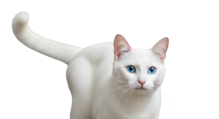 An image of elegant white cat with blue eyes.. The scene includes domestic, curious, playful, charming, white, adorable, elegant, ears,