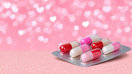 Round Tablets in Pharmaceutical Blister Pack Colorful capsules on a pink background evoke love and care.