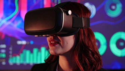 Woman Immersed in Virtual Reality Headset Experience, Analyzing Data and Charts