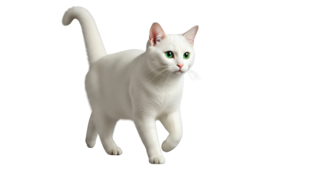 An image of elegant white cat with green eyes.. The scene includes domestic, curious, walking, playful, white, adorable, elegant, nature,