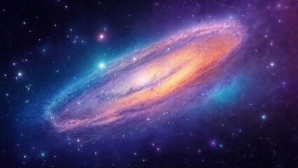 Fototapeta premium A vibrant spiral galaxy, swirling with hues of purple, orange, and blue, set against a backdrop of twinkling stars