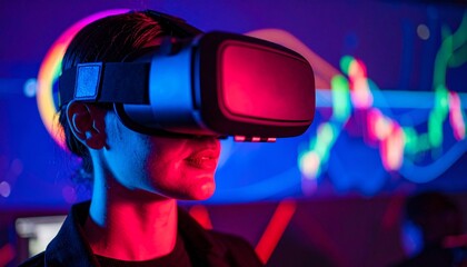 Woman Immersed in Virtual Reality with VR Headset and Futuristic Neon Lighting
