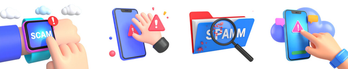 Smartwatch scam alert smartphone warning digital fraud detection spam folder magnifying glass cloud background technology security 3D illustration