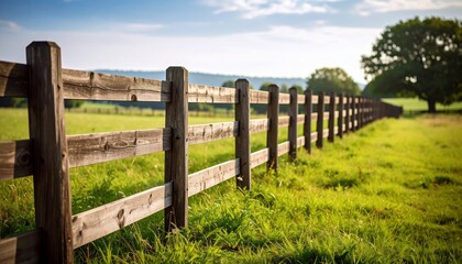 Fototapeta premium Rural tranquility Weathered wooden fence stretches through verdant meadow under blue skies