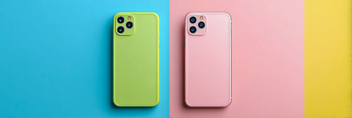 Two modern smartphones with decorative camera modules displayed side by side on a vibrant pastel background