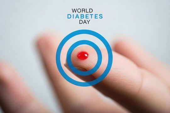 World diabetes day blood drop on finger with target symbol