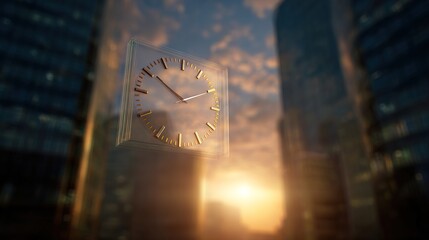 Timeless City: A glass clock floats against a backdrop of city skyscrapers under a warm sky, symbolizing the passage of time and the constant pulse of urban life.