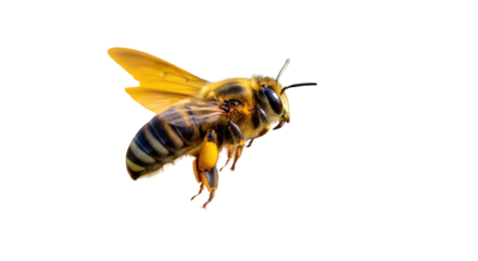 An image of flying bee isolated on white.. The scene includes macro, summer, white, arthropod, nature, fauna, flight, honey, striped,