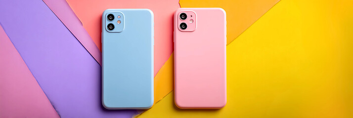 Two modern smartphones with pastel colored cases displayed vertically on a vibrant background of pink purple and yellow