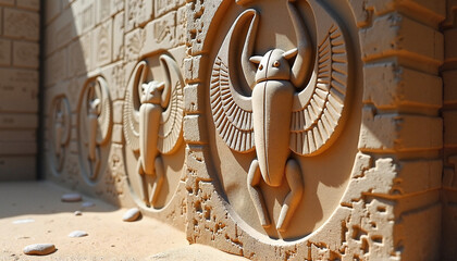 Ancient Egyptian Scarab Relief Textured Sandy Beige with Symbolic Engravings Against Masonry Wall