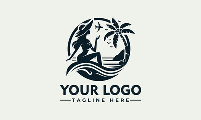 Silhouette logo of a woman enjoying a beach sunset, with a palm tree and ocean.
