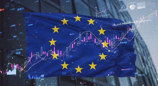 Eu flag with stock market chart and growth arrows symbolizes economic growth and financial trends in europe.