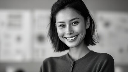 Fototapeta premium Captivating Smile of Asian Woman: A stunning black and white portrait of an Asian woman, radiating joy and serenity. A portrait of inner beauty and happiness. 