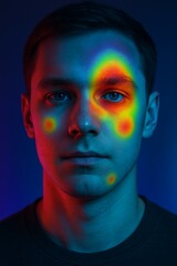 Man's face with a colorful heatmap overlay from a neuro-marketing user experience lab experiment