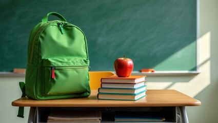 Green backpack and apple on desk in classroom with chalkboard Back to school