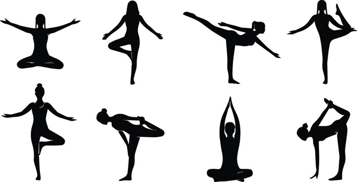 collection of eight yoga poses demonstrated by a silhouette of a woman, isolated on white background