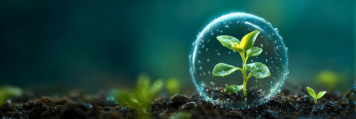 Tiny green seedling protected inside a shimmering transparent bubble of water on dark soil with soft green background