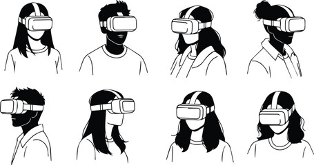  diverse group of people wearing virtual reality headsets, isolated on white background