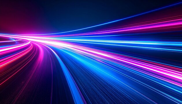 Speeding streaks of vibrant blue and pink light blur through the dark in a dynamic, forward motion