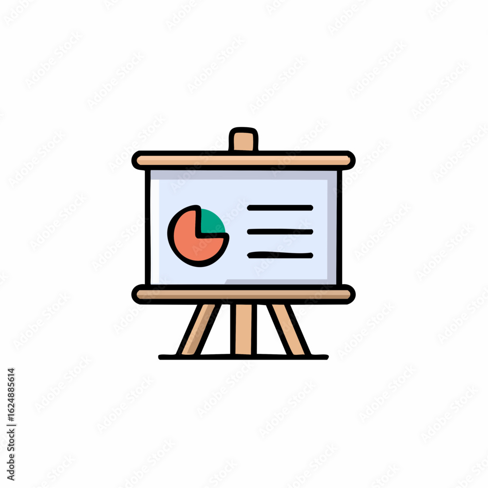 Poster icon of presentation board with pie chart and lines for business data visualization