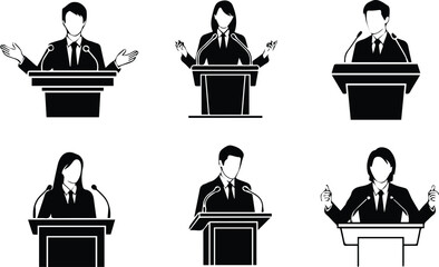  set of diverse speakers giving speeches from podiums with microphones, isolated on white background