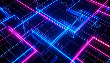 Abstract Glowing Neon Cube Grid, Technology Background