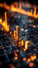 Glowing bars and grid lines on a dark background with bokeh