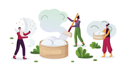 Three people preparing and serving steamed buns in a bamboo steamer with steam and plants around