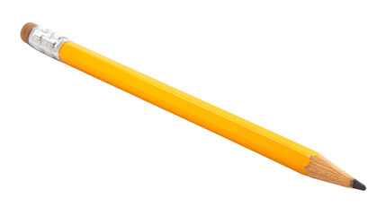 Yellow pencil with eraser isolated on transparent background for writing and drawing, education and office supply