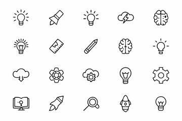 A bright and energetic collection of minimalist line icons capturing the spark of new ideas and creative thinking. Ideal for brainstorming sessions, innovation workshops, and creative portfolios