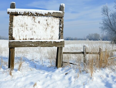 A weathered wooden signpost stands in a snow-covered field, a rustic winter scene.