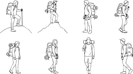  collection of hikers and backpackers in various poses during outdoor adventures, isolated on white background